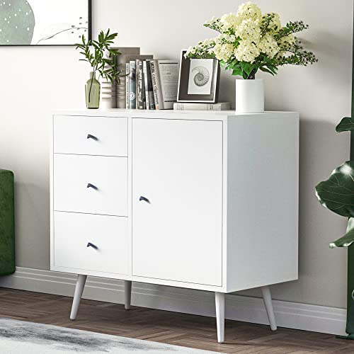 Cozy Castle Wood Sideboard Cabinet, Accent Buffet Storage Cabinet with 3 Drawers, Free Standing Cabinet for Living Room Bedroom, Cupboard Console Table for Home Kitchen Dining Room, 32 Inch, White