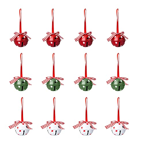 Gesundheit 12 PCS 2″ Tall Christmas Jingle Bell,Christmas Tree Bells Pendant,Christmas Holiday Party Supplies Craft Bells with Star Cutouts, Red & White & Green for Home Garden Christmas Tree Decor,