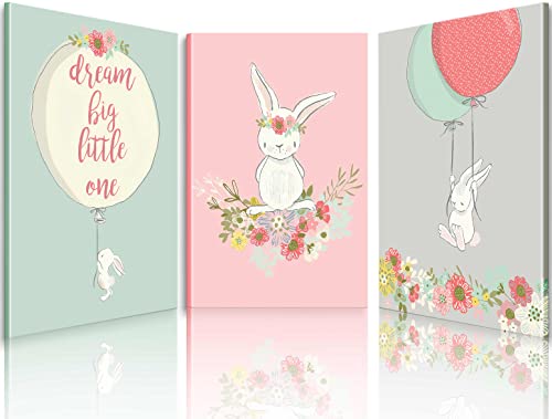 Cartoon Rabbit Wall Art Framed Canvas Prints For Kids baby Nursery Bedroom Decor Cute Bunny Poster Painting Picture Ready to Hang Gift 12″x16″3pcs