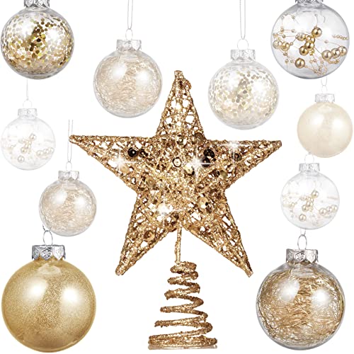 24 Pieces 2.36 Inch Shatterproof Plastic Christmas Ball Ornaments Tree Balls with One Christmas Tree Star for Christmas New Years Present Wedding Home Party Decoration (Champagne Gold)