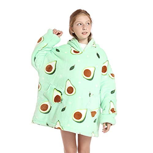 Wearable Blanket Hoodie for Kids Girls Boy 4-12YR Oversized Hooded Blanket Cute Super Soft Comfortable Warm Flannel with Pockets and Sleeves Green Avocado