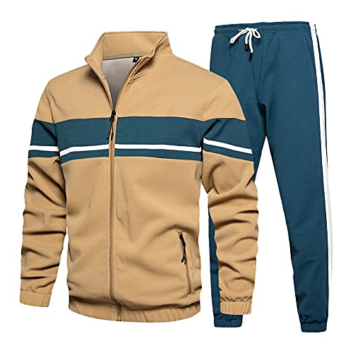 LBL Leading the Better Life Men’s Activewear Full Zip Warm Tracksuit Sports Set Color Matching Casual Sweat Suit Khaki XL