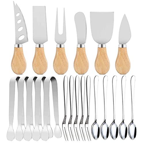 21Pcs/Pack Spreader Knife Set,Cheese Butter Spreader Knife Cheese Slicer Knife Stainless Steel Blade with Wooden Handles Mini Serving Tongs Spoons and Forks (Option 1)