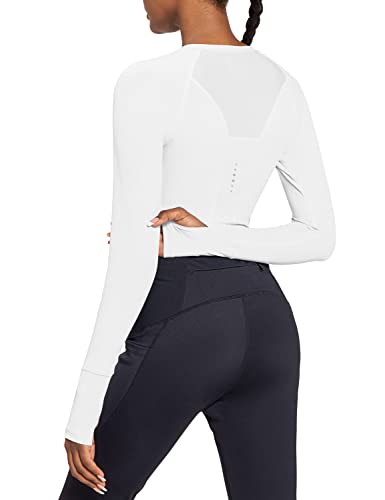 BALEAF Women’s Long Sleeve Crop Top Workout Running Shirts with Thumb Holes White M