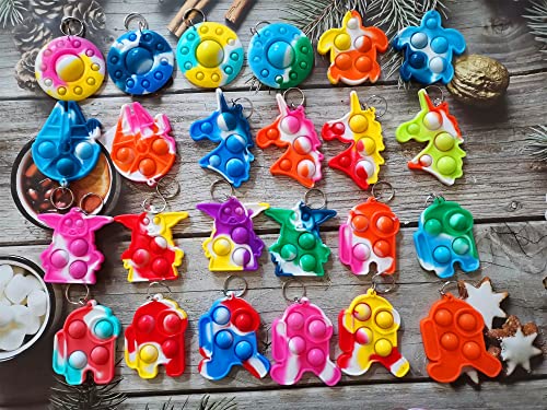 (Classroom Students Kids Party Favors)24 Packs Bulk Small Space Mini Pop Keychain Toy,UFO Cute Y Baby Turtle Starship Sensory Simple Tie-Dyed Bubble Fidget Tools