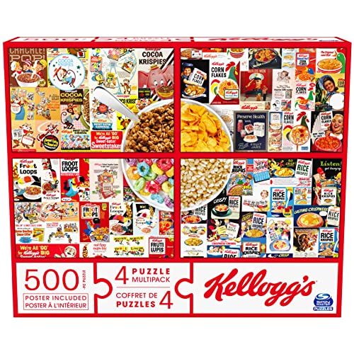 Kellogg’s, 4 Puzzle Multipack, 500 Pieces Combine to Form Mega Puzzle: Cocoa Krispies, Corn Flakes, Fruit Loops, Rice Krispies, for Kids and Adults
