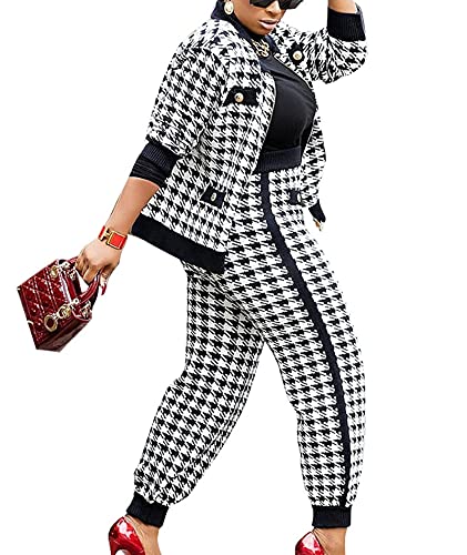 SOMTHRON Women’s Houndstooth Print 2 Piece Outfit Zip Up Long Sleeve Jacket Elastic High Waist Long Pants Set Work Suits Tracksuit BL-L Black