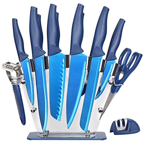 Blue 16 Pieces Kitchen Knife Set – 6 Stainless Steel Knives, 6 Serrated Steak Knives, Scissors, Peeler & Knife Sharpener with Acrylic Block