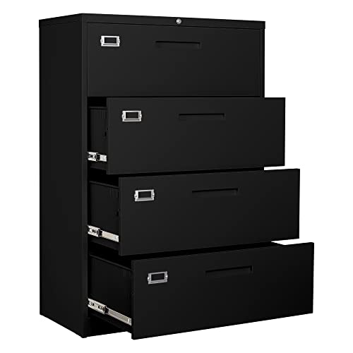 BYNSOE 4 Drawer File Cabinet with Lock Metal Lateral File Storage Cabinet Office Home Steel Lateral File Cabinet for A4 Legal/Letter Size Wide File Cabinet Locked,Assembly Required (4 Drawer, Black)