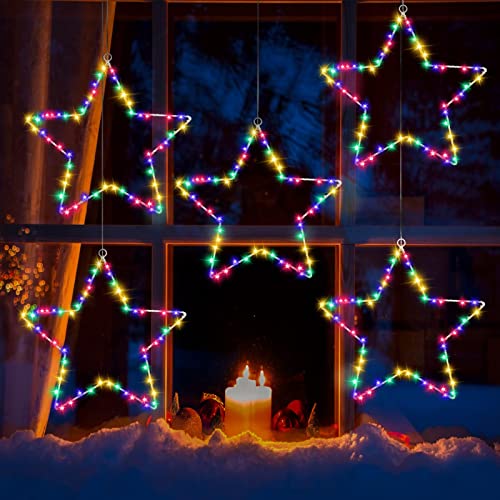 Litake Christmas Window Star Lights, 5 Pack Battery Operated Christmas Window Lights Decorations with Timer and Remote, 8 Lighting Modes Hanging Star Lights for Window Decor, Porch, Indoor