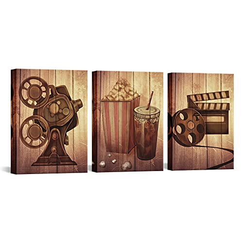 DuoBaorom 3 Pieces Old Film Canvas Wall Art Abstract Classic Old Fashion Film Reels Popcorn Home Movie Theater Artwork for Bedroom Home Decor Stretched and Framed Ready to Hang 12x16inchx3pcs