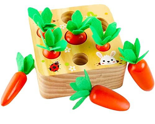 LOOJOY Wooden Toddlers Toys for 1 2 3 Years, Shape Size Sorting Matching Puzzles,Gripping Action Carrot Harvest Game for Fine Motor Skill