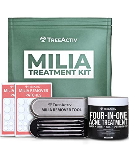 TreeActiv Milia Treatment Kit, Improves Milia Overnight, Complete Removal In 2 Weeks, 3 Step System Includes Milia Remover Tool, Mila Patches, Wash, Mask, Exfoliating Scrub & Spot Treatment