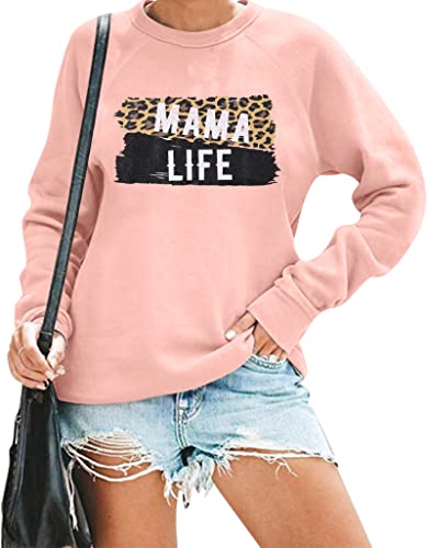 JINTING Mama Life Sweatshirt Women Leopard Mom Saying Top Tee Mother Gift Lightweight Pullover Long Sleeve Blouse