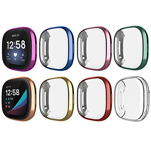 8 Pack Case Compatible with Fitbit Versa 3 / Sense Screen Protector, GHIJKL Ultra Slim TPU Plated Cover Anti-Scratch All Around Bumper Shell Accessories for Fitbit Sense/Versa 3 Smartwatch, Women Men