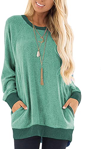 LERUCCI Green Sweater for Women Long Sleeve Color Block Pocket Sweatshirt Casual Cute Tops M