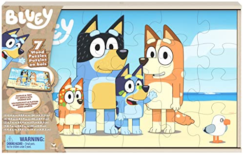 Bluey, 7 Wood Puzzles Jigsaw Bundle 12-Piece 16-Piece 24-Piece Easy Cartoon Disney Jr. Show with Storage Tray, for Kids Ages 4 and up