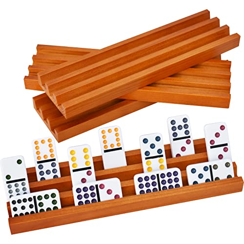 Queensell Domino Racks for Classic Board Games – Wooden Domino Holders Set of 4 – Mexican Train Dominoes Accessories – Domino Trays for Tiles Family Games