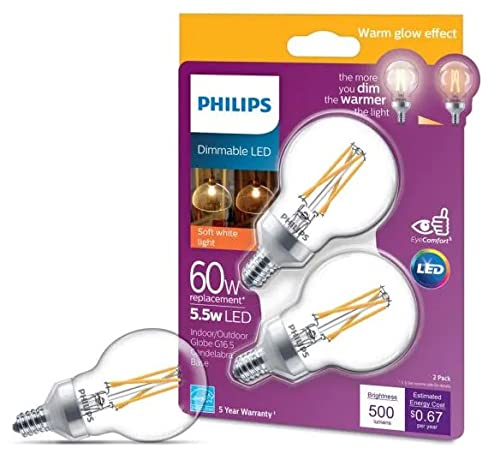 Philips 60W G16.5 Dimmable Candelabra Base LED Light Bulb with Warm Glow Dimming Effect Soft White (2-Pack)