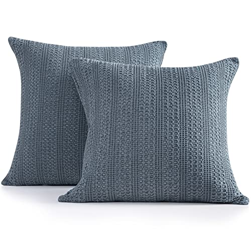 COCOPLOCEUS 18×18 Throw Pillow Covers Set of 2 Boho Decorative Pillow Shams Stone Washed Cotton Pillowcase Waffle Square for Couch Sofa Chair Bed Car, Blue Grey