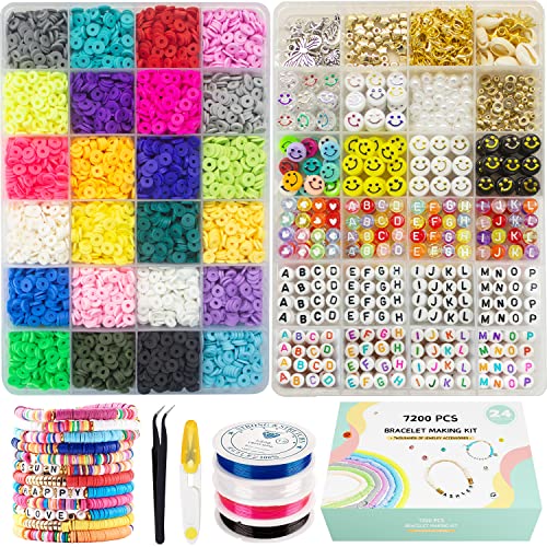 Clay Beads for Bracelet Making Kits, 24 Colors Flat Clay Heishi 6000 Pcs Beads |1200 Pcs jewelry accessory | 14 A-Z Smiley Face Beads,Strings for Jewelry Making Kit Bracelets for Preppy Girls 6-12
