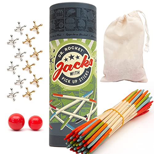Jacks Game and Wooden Pick Up Sticks Combo Pack. 12 Metal Gold and Silver Jax. 2 Sizes of red high Bounce Balls. 40 Pick Up Sticks. Fun Retro Kids Games and Family Games by Dr. Rocket
