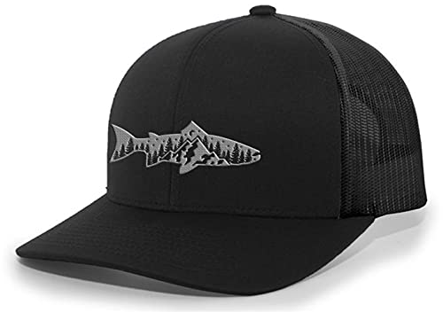 Trenz Shirt Company Men’s Outdoors Fishing Trout Scenic Forest Woodland Embroidered Mesh Back Trucker Hat, Black/Black
