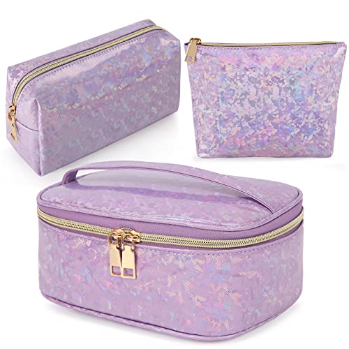 Lubardy Makeup Bag Leather Cosmetic Bag Waterproof Makeup Pouch Portable Makeup Travel Bag Multifunctional Cosmetic Organizer Bag for Women Girls, 3-Pack, Purple