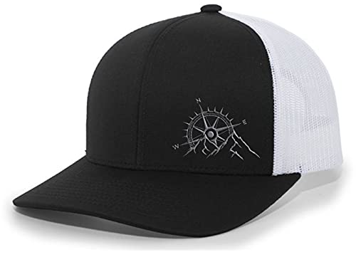 Men’s Outdoors Mountain Scenic Forest Compass Woodland Embroidered Mesh Back Trucker Hat, Black/White