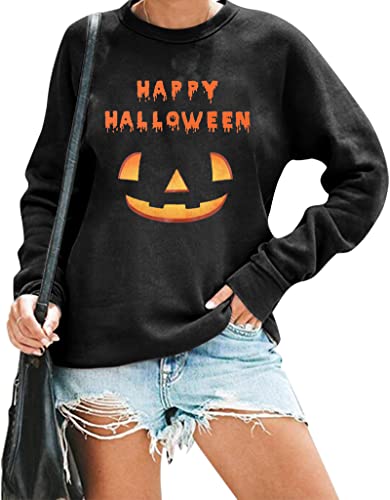 Happy Halloween Sweatshirt For Women Pumpkin Face Top Long Sleeve Shirt Crewneck Pullover Black