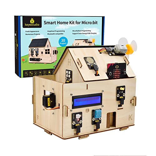 KEYESTUDIO Microbit Smart Home Starter Kit with Micro:bit V2, MakeCode Blocks & Python Code|Wireless Remote Control APP| Solar & Micro USB Charging|RGB,i2c LCD for Kids Coding