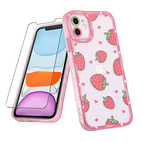 MZELQ Compatible with iPhone 11 Case Red Strawberry Cute Pattern, Soft TPU iPhone 11 Case for Girls Women + 1* Screen Protector, Camera Hole Protective iPhone 11 Case 6.1 inch