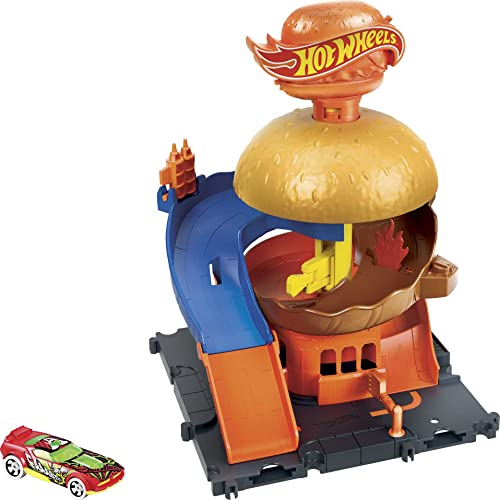Hot Wheels City Burger Drive-Thru Playset with 1 Vehicle, Connects to Other Playsets & Tracks, Gift for Kids Ages 4 to 8 Years Old