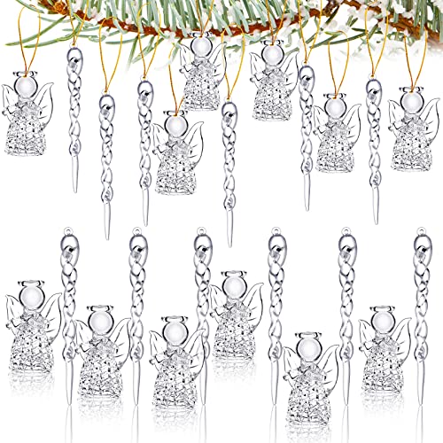 24 Pieces Christmas Angel Ornament and Icicle Ornaments Set 12 Pieces Glass Hanging Angel Decoration and 12 Pieces Acrylic Icicle Ornaments Xmas Holiday Decors with Golden Lines