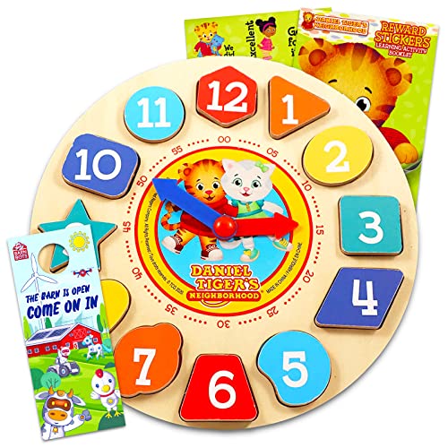Daniel Tiger Clock Puzzle Shape Sorting Game for Toddlers, Kids ~ 4 Pc Learning Toy Bundle with Daniel Tiger Wooden Clock, Stickers, and More (Daniel Tiger Wood Toys)