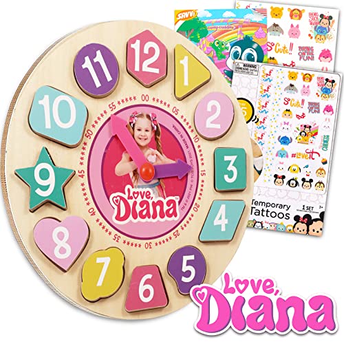 Love Diana Clock Puzzle Shape Sorting Game for Toddlers, Kids ~ 5 Pc Learning Toy Bundle with Love Diana Wooden Clock, Temporary Tattoos, and More (Love Diana Wood Toys)