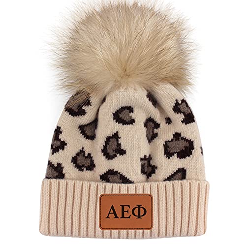 Sorority Shop – Alpha Epsilon Phi Beanie Hat – Leopard Print – AEP Name Patch