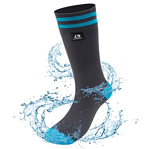 LEAKDRY Waterproof Socks, Unisex Moisture Wicking Socks Breathable Merino Wool Socks for Cycling Running Hiking Socks Gray Blue Mid-Calf Length Socks-Large