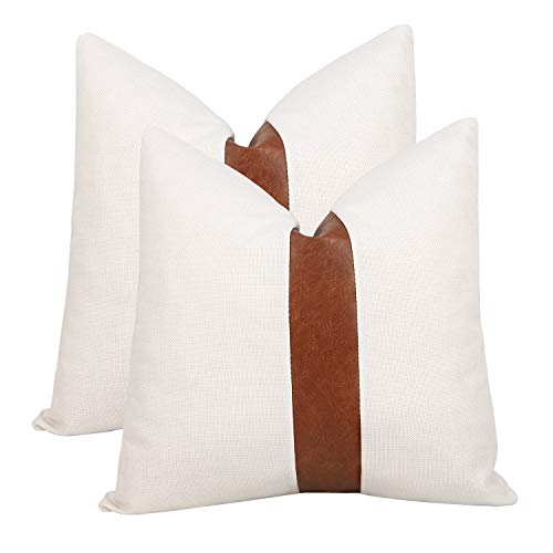 cygnus Set of 2 White Linen Patchwork Faux Leather Throw Pillow Covers for Couch Living Room Bedroom, Modern Accent Decorative Square Cushion Covers 20×20 inch (White, 20×20 inch)