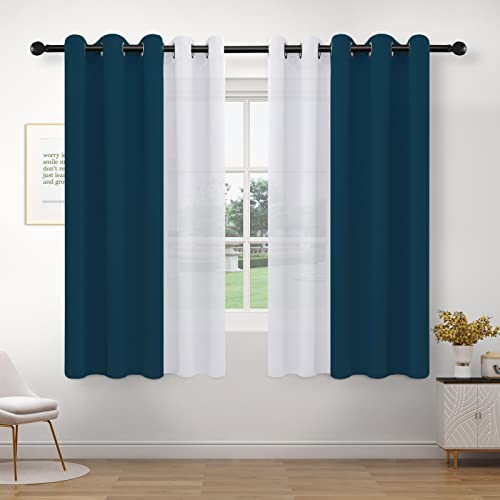 PureFit Set of 4 Curtain Panels – Mix and Match Sheer White Curtains & Blackout Curtains for Bedroom, Thermal Insulated Room Darkening Grommet Window Drapes, 42 x 63 inch/Panel, Turquoise Blue