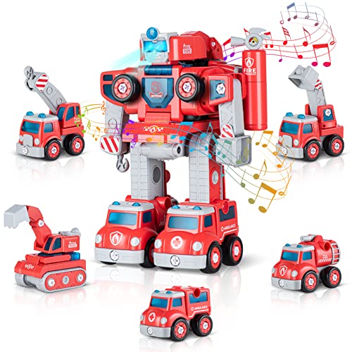 BROADREAM Toys for 3 4 5 6 7 8 Years Old Boys, Take Apart Robot Construction Vehicles Transform Robot Toys Cars for Kids, Birthday Trucks Gifts Toys for Toddlers, 5 in 1