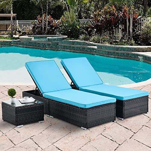 Koruiten Patio Outdoor Chaise Lounge Chairs for Outside Set of 2 with Coffee Table,Rattan Wicker Outdoor Patio Lounge Chairs