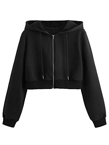 MakeMeChic Women’s Cropped Zip Up Hoodie Sweatshirt Cropped Jacket Fleece Lined Black1 M