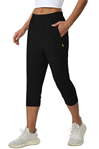 Cakulo Women’s Workout Tennis Joggers Capri Pants Quick Dry Plus Size Walking Athletic Activewear Crop Lounge Wind Yoga Pants with Zipper Pockets Black 3XL
