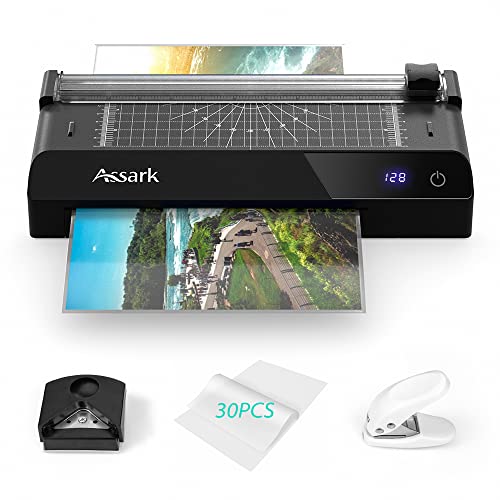 Assark 6 in 1 Laminator with Touchscreen, A4 Laminator Set, 9 inches Thermal Laminator, Corner Rounder, Paper Trimmer, 30 Laminating Pouches, Single Hole Punch, for Home/School/Office Use(Black)