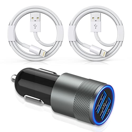 [Apple MFi Certified] iPhone Car Charger,3.4a Fast Charge Dual Port USB Cargador Carro Lighter Adapter USB Car Charger iPhone Metal Cigarette Lighter [2Pack] Lightning Cable for iPhone/iPad/Airpods