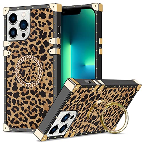 Wollony Compatible with iPhone 13 Pro Max Square Case Retro Elegant Case with Kickstand Ring Stand for Girls Women Shockproof Protective Soft TPU Design Cover for iPhone 13 Pro Max 6.7 inch Leopard