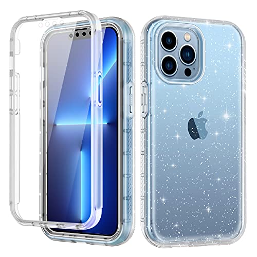 LONTECT for iPhone 13 Pro Max Case [Built-in Screen Protector] Glitter Clear Sparkly Bling Rugged Shockproof Hybrid Full Body Protective Cover Case for Apple iPhone 13 Pro Max 6.7 2021,Clear Glitter