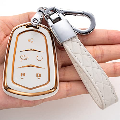 Key Fob Cover for Cadillac, Key Fob Case for 2015-2019 Cadillac Escalade CTS SRX XT5 ATS STS CT6 5-Buttons Premium Soft TPU 360 Degree Full Protection ，White