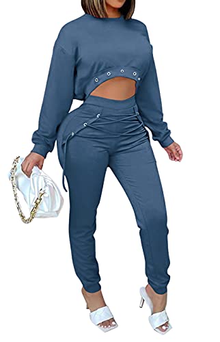 Women’s Casual Solid Two Piece Outfits, Long Sleeve Loose Crop Top and Elastic High Waisted Bandage Sweatpants Set Sweatsuits Tracksuit Fall 2 Piece Outfit Loungewear (A-Blue, L)